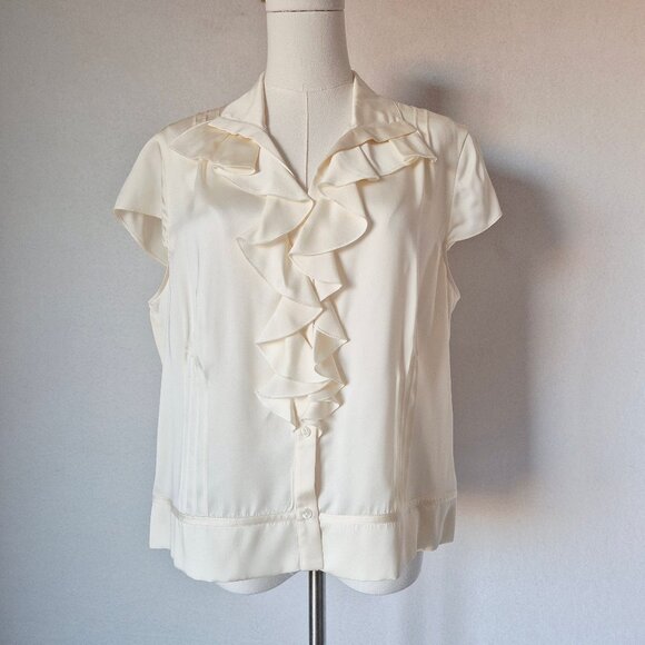 Vintage Talbots Pure Silk Satin Ruffle Button-Front Blouse Cap-Sleeve Ivory - Picture 2 of 10